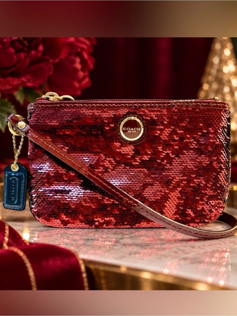 Coach Poppy Red Sequin Wristlet NWOT Holiday Glam Sparkle Bag
